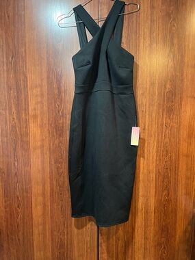 VENUS Black Cross-Back Midi Sheath Dress